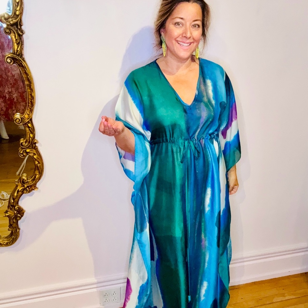 Mersur Vibrant Blue and Green aurora borealis watercolor Maxi Dress caftan NWT